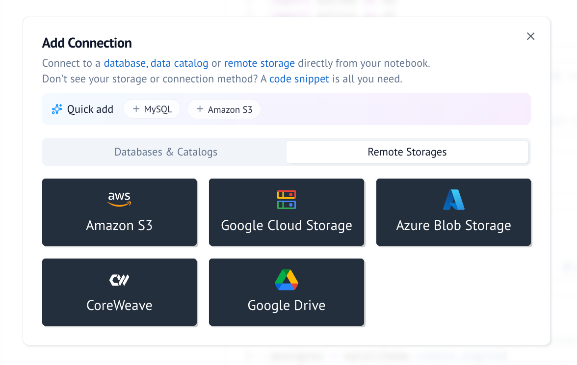 Add a storage connection through the UI